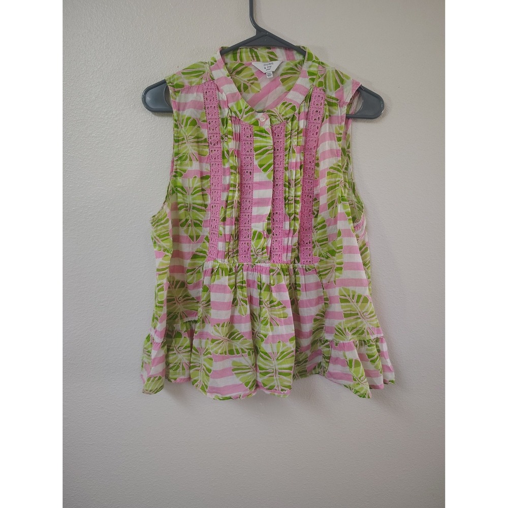 Crown & Ivy Petite PXL Sleeveless Palm Leaf Stripe Peplum Top Pink Green Crochet